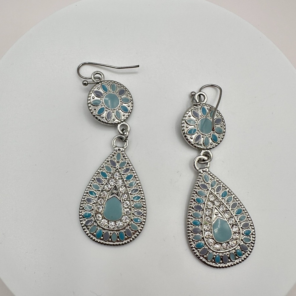 Vintage 90s Silver Teardrop Dangle Earrings Blue Enamel Floral Boho